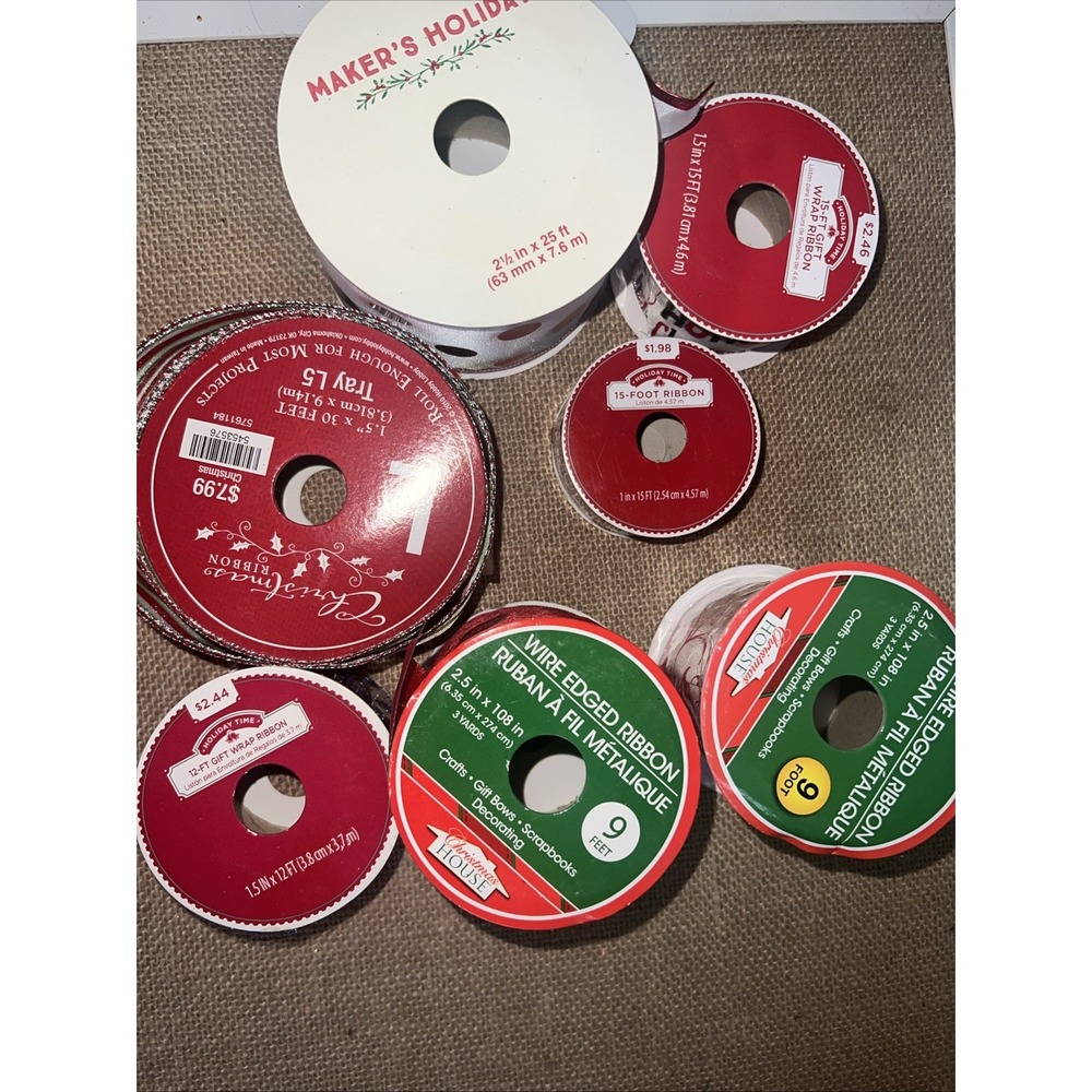 Lot 7 Christmas Ribbon Rolls Wire Edged Holiday Time Maker's Holiday Multicolor